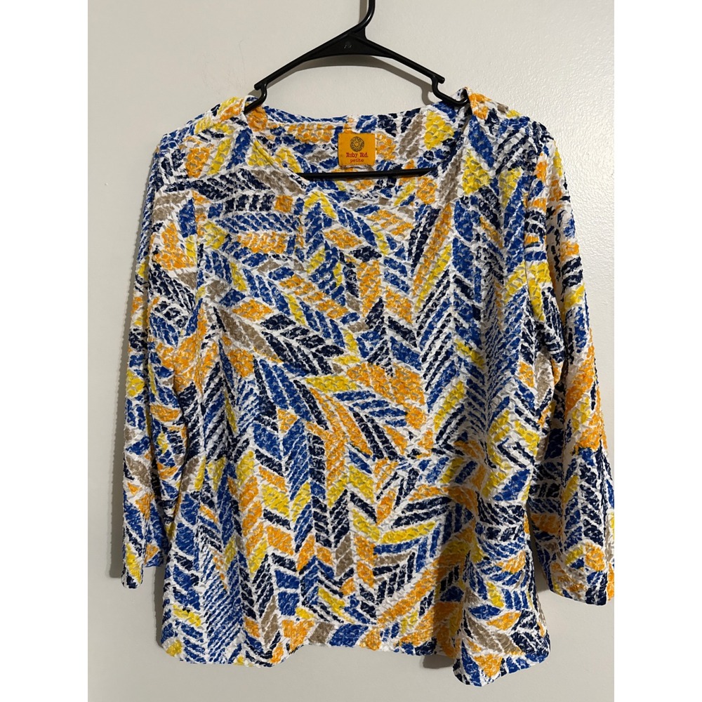 Ruby Rd Petite Size M Blue Yellow Abstract Chevron Burnout 3/4 Sleeve Knit Top